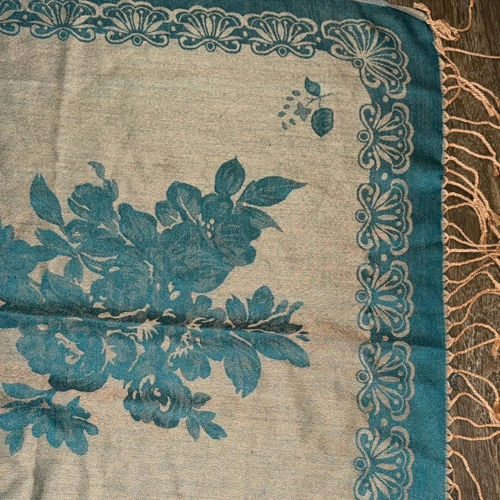 Cashmere Teal and Gold Floral Scarf with Fringe